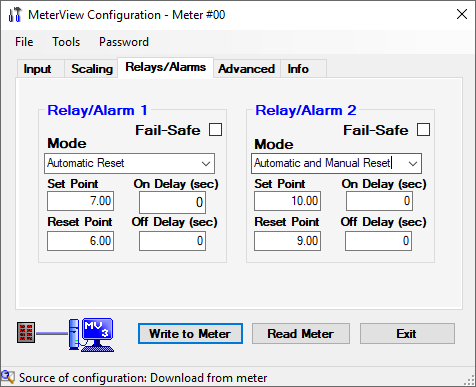 MeterView Relays and Alarms Screen