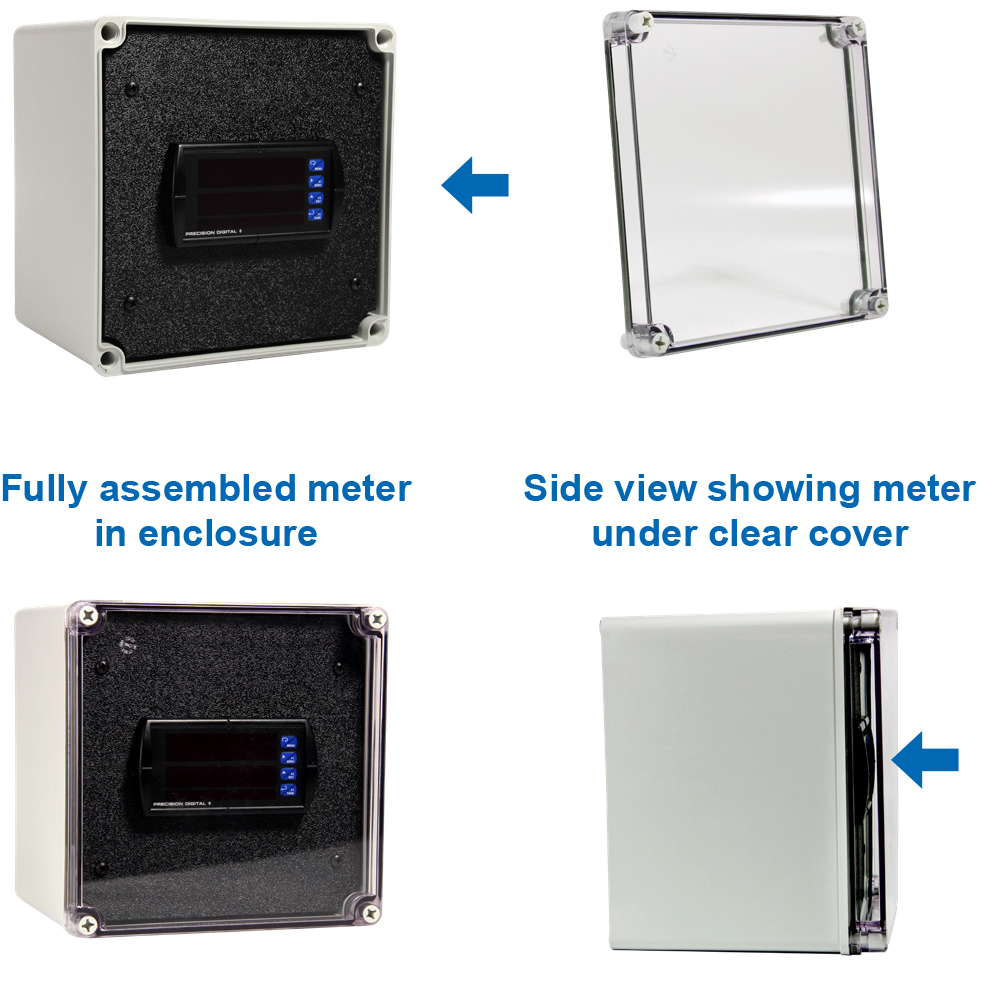 Assembled meter in enclosure (front and side view)