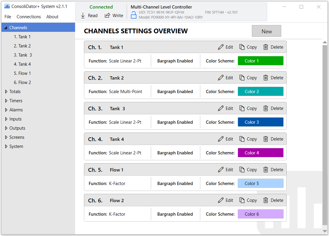 ConsoliDator+ Software Channel Settings Screen