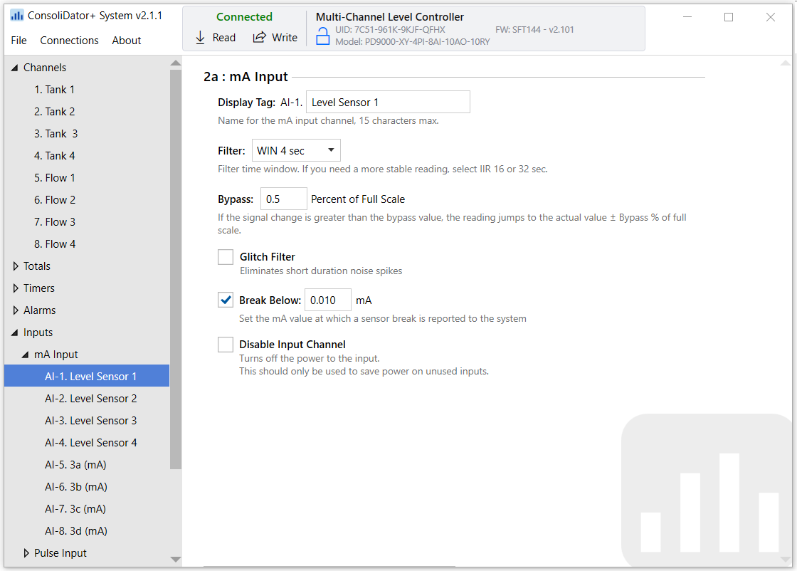 ConsoliDator+ Software Inputs Settings Screen