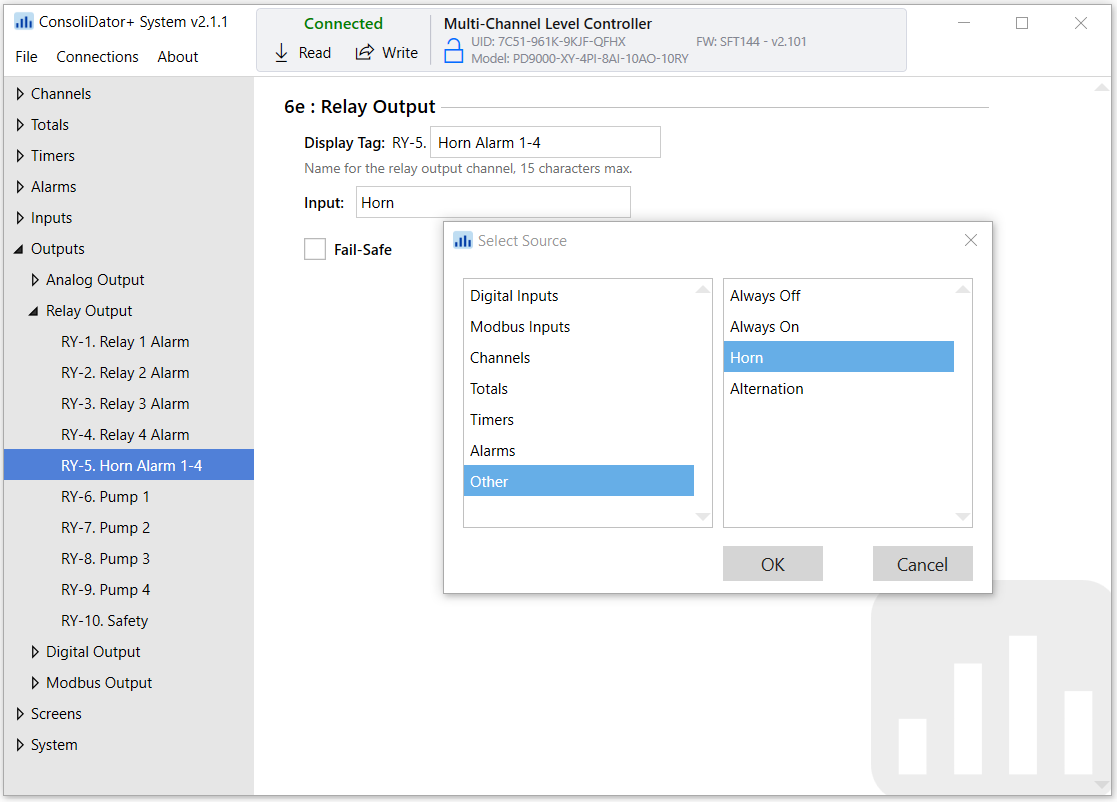 ConsoliDator+ Software Outputs Settings Screen