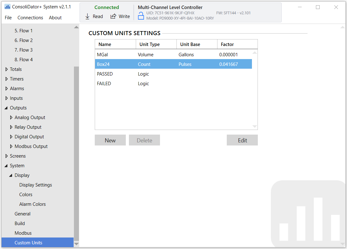 ConsoliDator+ Software Custom Units Settings Screen