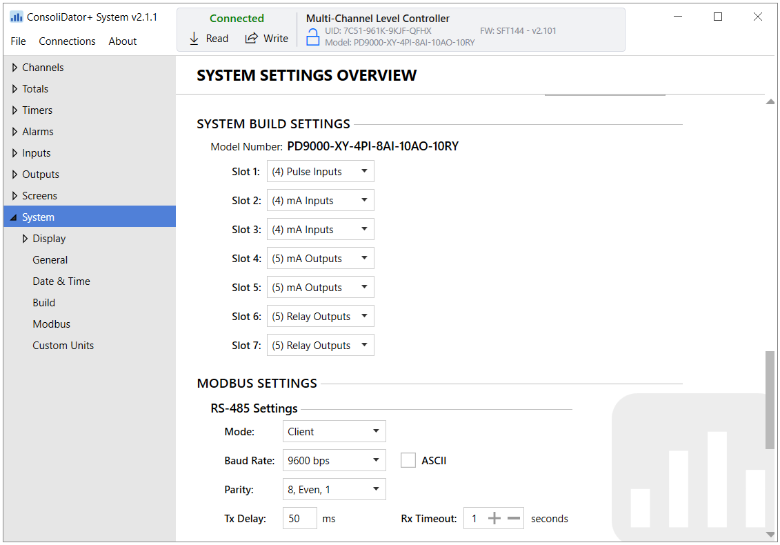 ConsoliDator+ Software System General and Build Settings Screen