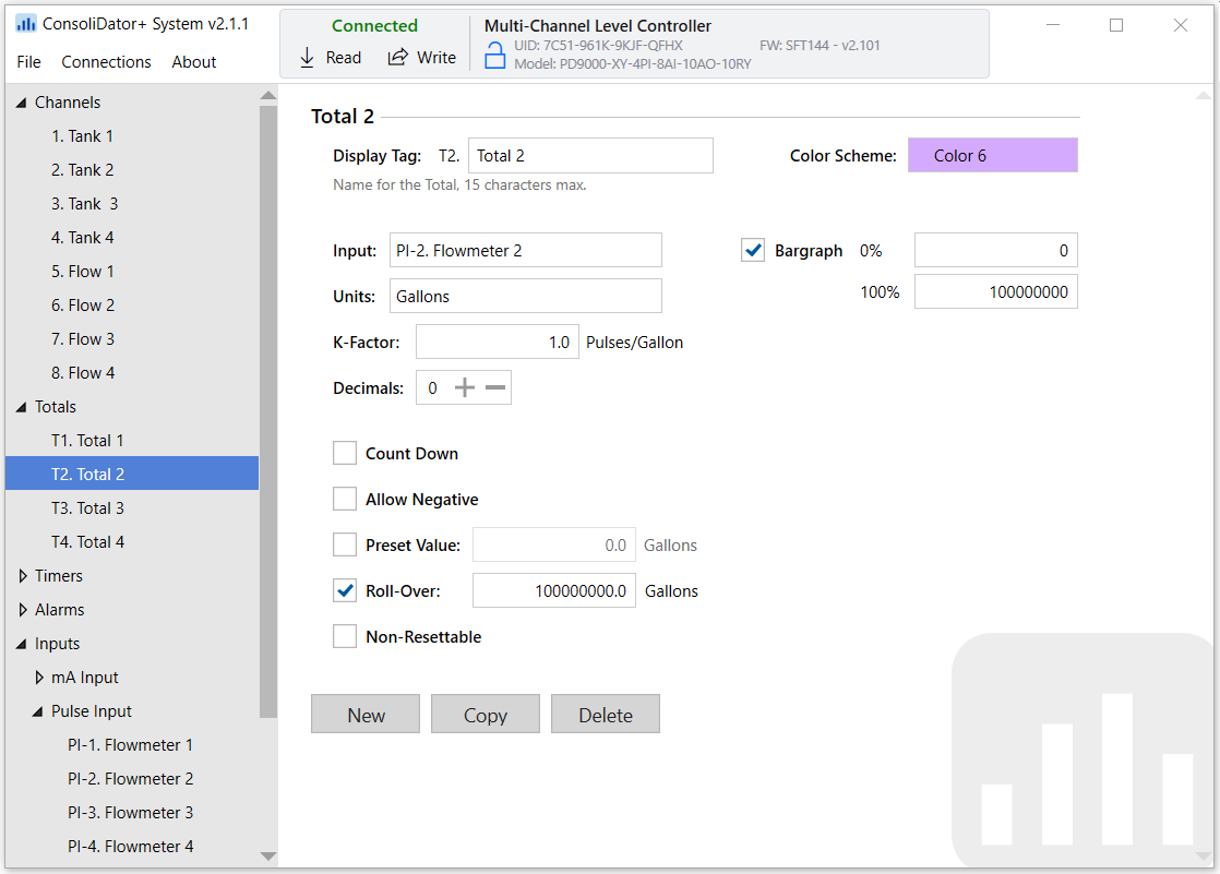 ConsoliDator+ Software Totals Settings Screen