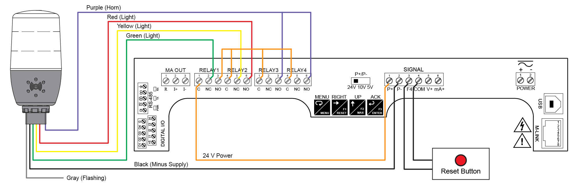 Wiring Connections for PDA-LH3LC-RYG Models Using Helios Meter Internal Power Supply