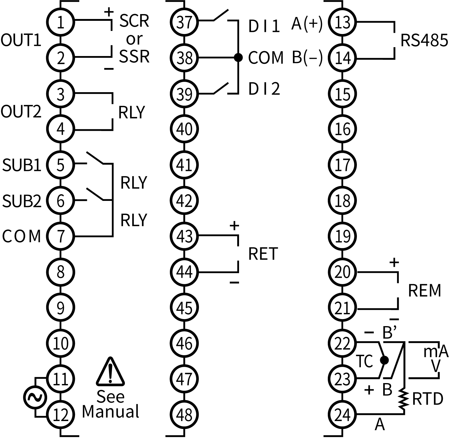 PD510-A or -S (1/16 DIN) Connections